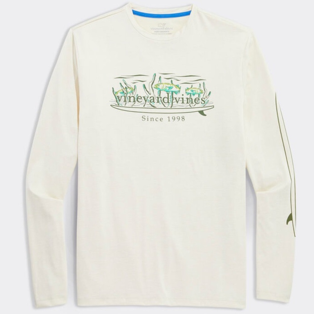 Vineyard Vines Graphic Harb Tee Size S Coral & Fish Surf Logo Cream Long Sleeve
